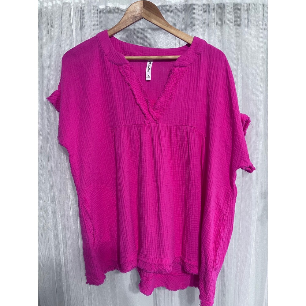Zenana Hot Pink Gauze V-Neck Frayed Edge Short Sleeve Pocket Top Blouse Medium
